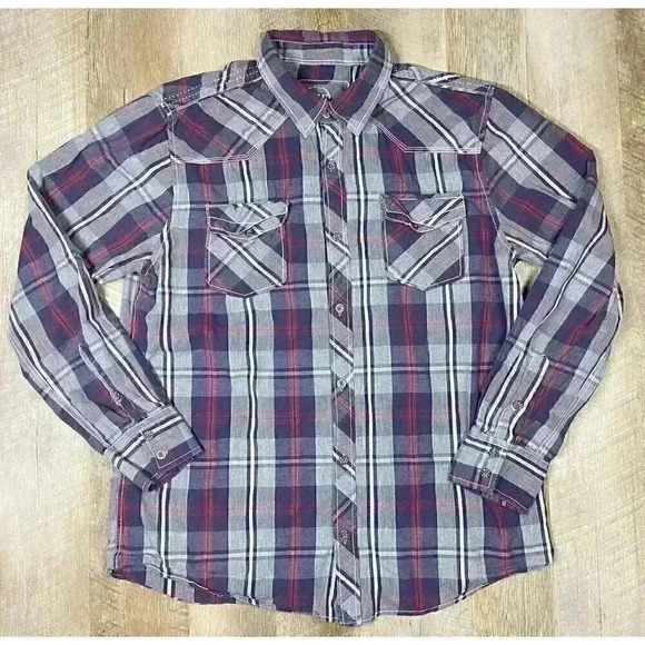 BKE Buckle Shirt Mens XL Gray Blue Metal Buttons Standard Fit L/S Plaid Western - Picture 2 of 7